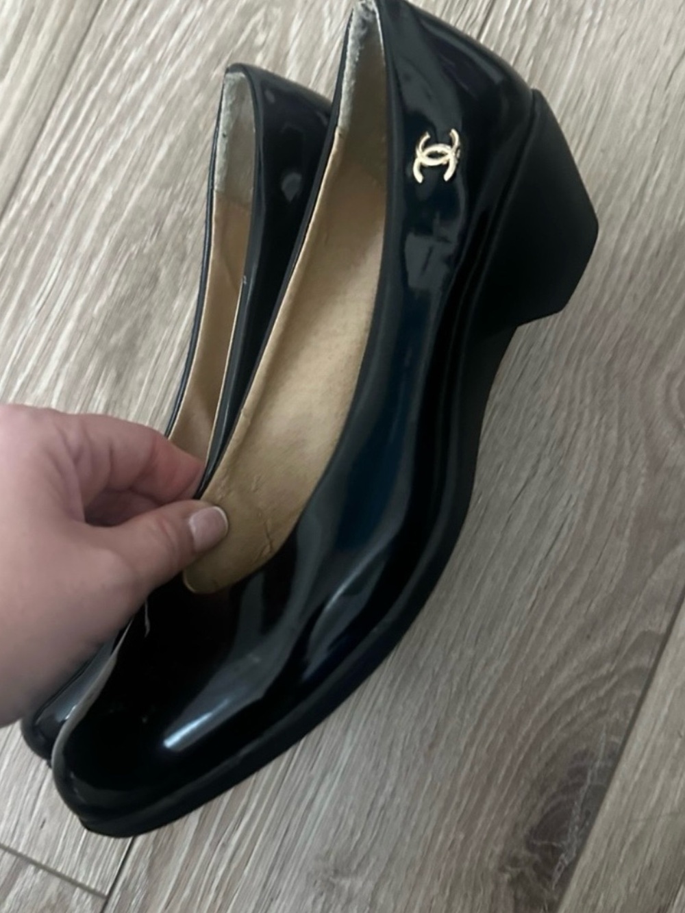 Faux CC Chanel Black Flats with Low Block Heel and Almond Toe